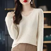 Long-Sleeve V-Neck Plain Ribbed Knit Top Almond - One Size