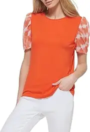 [DKNY] Women's Printed Puff Sleeve Top in Mixed Media Blouse, Black/Lazer