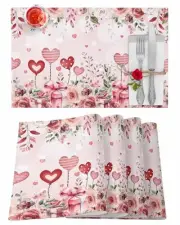 Valentine's Day Placemats Set of 6, Pink Love Heart Placemat for Dining Table