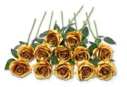 12 PCS Artificial Flowers Roses Fake Silk Flower Long Stem Artificial Gold