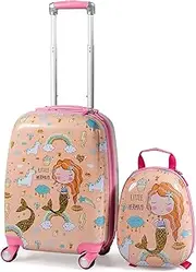 [Costway] 2PCS Kids Luggage Set, 13" & 18" Carry on Suitcase Set w/Spinner Wheels & Cute Mermaid Pattern, Adjustable Trolley Rod Height & Backpack Shoulder Strap (Mermaid)