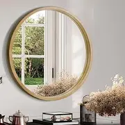 Furb Round Wall Mirror, 100cm Circular Bathroom Mirror, Natural Wood Frame, Decorative Hallway Entryway Mirror