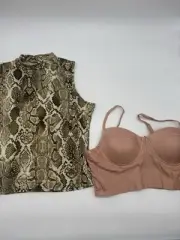 Bundle 2 Top's: Snake Skin mock turtleneck crop top stretchy L & Pink Bralette L