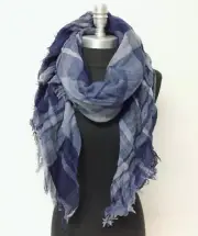 Men Women Mid weight Plaid Square Scarf w/ lurex Blue Cozy Wrap shawl Pashmina