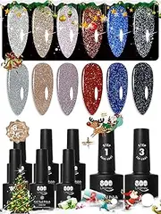 YTD Likomey Reflective Glitter Gel Nail Polish Set,Falsh 6 Colors with Base and Top Coat Kit,Black Silver Pink Diamond Sparkle UV Gel,8 Pcs 7.5ml