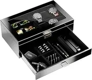 ProCase 6 Slots Lacquered Finish Wooden Men's Jewelry Box, Watch and Sunglasses Box Organizer for Men, 2-Tier Watch Holder Display Cases with Clear Glass Top and Storage Drawer -Black