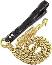 PRADOG Dog Chain Leash Dog Heavy Duty Strong Chew Proof 19mm 2ft 3ft 4ft 18K Gold Chrome Stainless Steel Cuban Link Chain Labor-Saving Spring with Leather Handle for Medium Large Dogs(4FT)