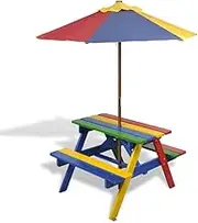 2-in-1 Kids Wooden Picnic Table & Bench Set with Parasol, Rainbow Colors - Durable Fir Wood Table for Outdoor Play & Dining - Fun & Safe Patio Furniture for Children