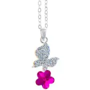 Matashi 16" Rhodium Plated Butterfly-Flower Necklace, Amaranth Crystals - Gift!
