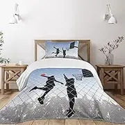 Lunarable Sports Bedspread, Basketball in The Street Theme 2 Players on Grungy Damaged Backdrop, Decorative Quilted 2 Piece Coverlet Set with Pillow Sham, Twin Size, Grey Blue