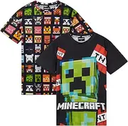 [Minecraft] Children's T-Shirt Boys with Crew Neck & Creeper Motif, Pack of 2, Black/Multicoloured