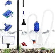 5 in 1 Aquarium Cleaning Tools Kit - Fish Tank Gravel Cleaner, Siphon Vacuum, Net, Rake, Algae Scraper Fork, Sponge Brush, Glass Cleaner