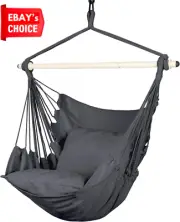 Hammock Chair Rope Swing Max 500 Lbs 2 Cushions Steel Spreader Bar Grey