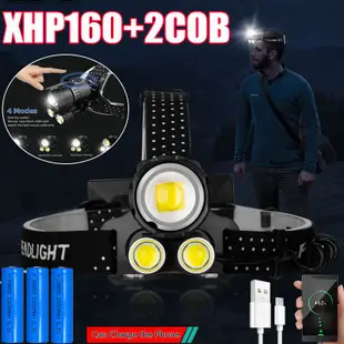 最強大的 LED 16 芯 XHP160 頭燈 COB LED 頭燈 18650 變焦頭手電筒 USB 可充電野營燈