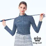 【KING GOLF】網路獨家-女款經典幾何鍊條圖立領拉鍊薄款長袖POLO衫/高爾夫球衫(深藍)