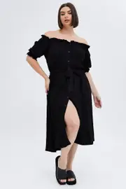 Black Short Sleeve Linen Button Midi Dress