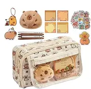 Large Capacity Multi-Layers Capybara Pen Case Cartoon Capibara Pencil Case Capybara Pencil Case Portable Cute Stationery Pen Case Zippered with Capybara Sticker and Capybara Pendant Decors