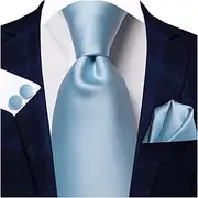 [VSOLS] Men's Blue Black Striped Tie 3.4" Tie Pocket Square Cufflinks Wedding Party Silk Tie Set (Color : SN-3402, Size : 59.06 * 3.35in)