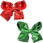 Kilener Sequin Hair Bows for Girls & Women - Red & Green Glitter Bow Hair Clips - 2 Pack of 5 Inch Bow Hair Barrettes - Christmas Hair Accessories