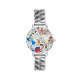 【Olivia Burton】POP ART-鋼色殼太陽紋彩屑彩繪銀面藍色ECO帶腕錶搭鋼色米蘭帶組-30mm(OBGSET151)