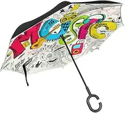 Double Layer Inverted Umbrella Cars Reverse Umbrella Funny Music Graffiti Doodle Windproof UV Proof Travel Outdoor Umbrella