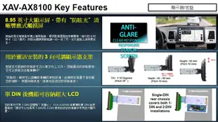【JD汽車音響】SONY XAV-AX8100 8.95吋藍芽觸控螢幕主機 支援 Apple CarPlay/安卓系統。