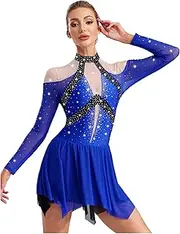 [Manyakai] Women Lyrical Dance Dress Color Block Patchwork Sparkling Rhinestones Figure Skating Ballet Dancewear