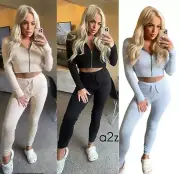 Womens 2PCS Ribbed Zip Up Hooded Crop Top Bottom Co-ord Loungewear Tracksuit Set