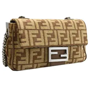 【FENDI 芬迪】經典F LOGO雙F緹肩斜三用翻蓋鍊包(卡其/咖)