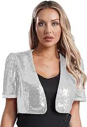 [Jhaoyu] Womens Glitter Sequins Jacket Short Sleeve Cropped Blazer Open Front Cardigan Bolero Shrugs
