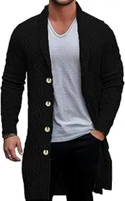 [SWJGLITTR] Mens Shawl Collar Long Cardigan Buttons Twist Knited Cardigans for Men Longth Cardigan Sweater Casual Overcoat, Black, Large