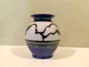 Studio Art Pottery Cobalt Blue & Beige Striped Glazed & Unglazed Vase