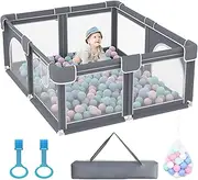 Advwin Baby Playpen 185 × 155cm,Large Playpen for Toddlers,Sturdy playpen with Soft Breathable mesh,50 Ocean Ball and Pull tabs,Non-Slip Base,Indoor & Outdoor Kids Activity for Infant Safety(Gray)