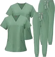 [Meichoon] Scrubs Set 2PCS Medical Work Uniforms V-neck Short-sleeved Top with 3 Pockets Stretch Pants Quick-drying and Sweat-absorbent DK05