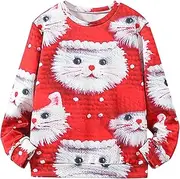 [BOVOSHA] Girls Ugly Christmas Crew Neck Pullover Kids 3D Cat Print Christmas Sweatshirt Novelty Red Jumper, Red cat, 8-9 Years