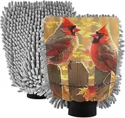 XYMZR Cardinal Fence Leaves Autumn Absorbent Microfiber Car Wash Mitt, Funny Cute Anime Scratch Free for Cars Cleaning, Home Cleaning Mitts, 2 Pack, 10.24” L x 7.09” W