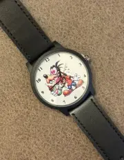 Goofy Eyes Exploding Funny Cartoon Themed Black Leather Band Wrist Watch
