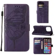 For iPhone 14 Pro Max Case, Embossed Floral Butterfly, PU Leather Wallet Cover, Lanyard, Stand, Dark Purple