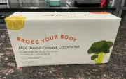 Brocc Your Body Mini Round Ceramic Cocotte Set Green and White Lids NEW IN BOX