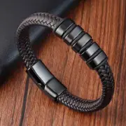 Men's Fashion Leather Wrap Braided Bracelet Bangle Titanium Steel Magnetic Clasp