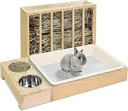 Bewinner Wooden Rabbit Hay Feeder Box With Litter Box, 2 Stainless Steel Bowls for Chinchillas, Hamster, Small Animals