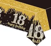 137 x 274 cm Black Gold 18th Birthday Party Tablecloth, Happy Birthday Wipe Clean Plastic Rectangular Tablecloth for Men Women Party Decor