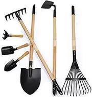CHEERBANK 7PCS Kids Gardening Tools, Long Shovel, Rake for Leaves, Spade, Hoe, Steel Heads & Real Wood Handle, Yard Tools for Children Toddlers Gifts