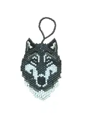 Spirit of Nature Ornament- WOLF FACE- seed beads -black gray white