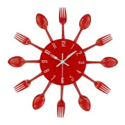 Timelike Kitchen Wall Clock 3D Removable Modern Creative Cutlery Red