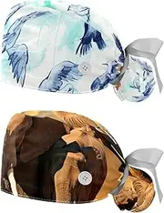 [YTYVAGT] 2-Pc,Nurse Scrub Caps,Scrub Hats with Buttons and Cotton Sweatband,Animal Camel Lion Giraffe Owl