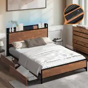 Oikiture Metal Bed Frame Double Size with LED Headboard 2 Storage Drawers USB