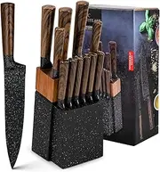 ASKSCICI Knife Set,12-Piece High Carbon German Stainless Steel Knife Set with Block - Japanese-Inspired Wooden Pattern Handles and 6 Steak Knives Included