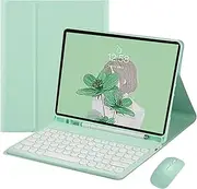 Keyboard Case for iPad Air 3 2019, 2017, iPad Pro 10.5-inch with Wireless Mouse Detachable Folio Cover Retro Round Key Caps Cute Casing with Pencil Holder (Green)