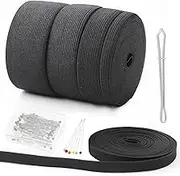 Swpeet 4 Rolls 20 Meters Black Width 10mm 20mm 30mm 40mm Rubber Elastic Band and Needle Elastic Threader with Sewing Glass Head Pins Kit, Each 5.5 Yards Sewing Tape Heavy Stretch for Sewing Craft